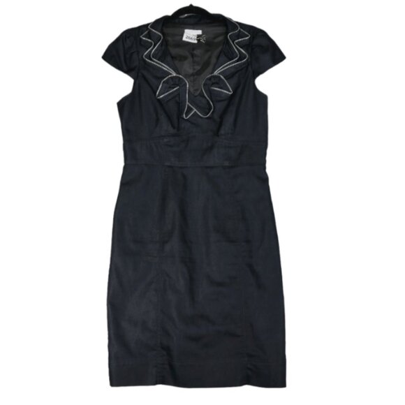 London Times Elegant Dark Denim Chambray Sheath Dress with Ruffle Zipper Detail - Picture 1 of 9